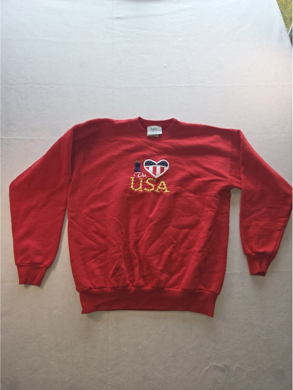 Vintage MC Energy USA Embroidered Sweatshirt Red Patriotic Tee Size M CB3 0048